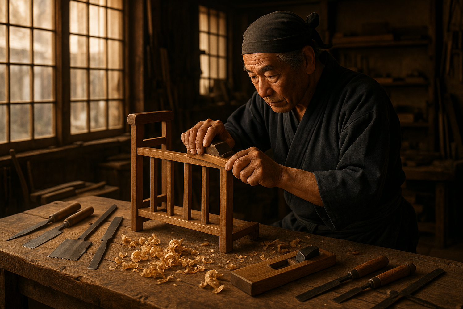 A traditional Japanese craftsman working on furniture making. 
Scene shows the detailed process of handcrafting with wood, using authentic tools such as kanna (Japanese planes), chisels, and saws. 
The workshop is warm and atmospheric, with natural light coming in. 
Focus on precision, patience, and the cultural essence of Japanese craftsmanship. 
Style: realistic, cinematic, high detail, warm tones.
